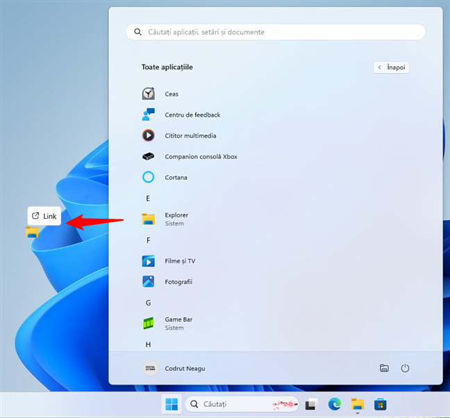 ScurtÄƒtura File Explorer fixatÄƒ pe desktopul din Windows 11