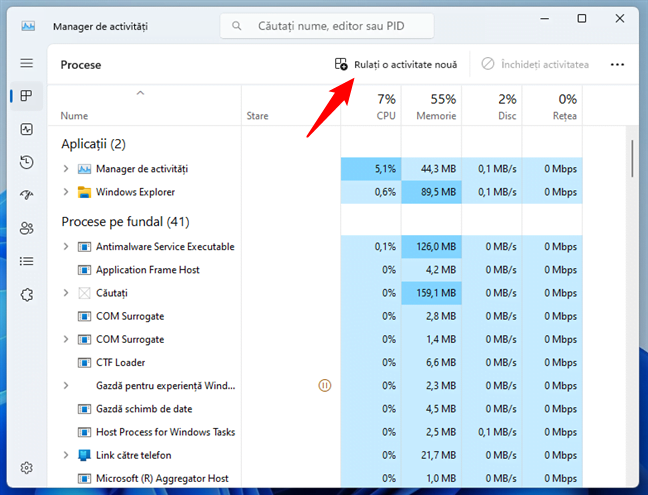 RulaÈ›i o activitate nouÄƒ Ã®n Managerul de activitÄƒÈ›i din Windows 11