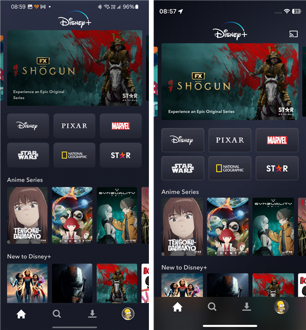 AplicaÈ›ia Disney+ pe Android (stÃ¢nga) versus aceeaÈ™i aplicaÈ›ie pe iPhone (dreapta)