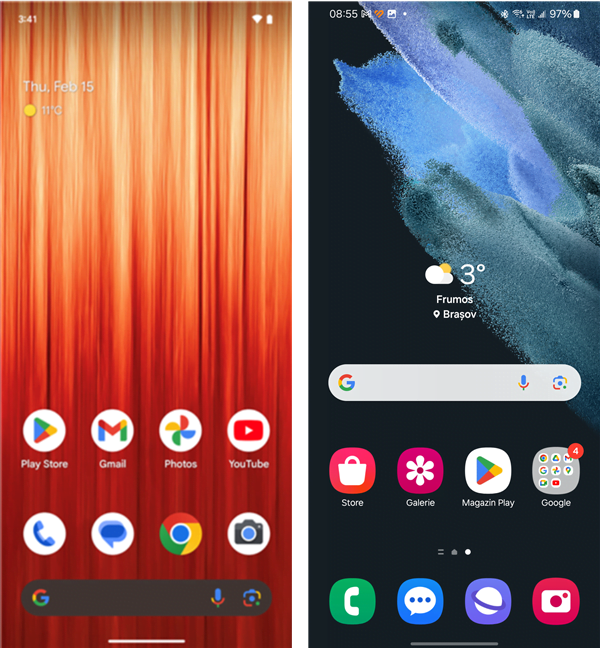 InterfaÈ›a curatÄƒ de pe Android 14 (stÃ¢nga) versus One UI 6.1 (dreapta)