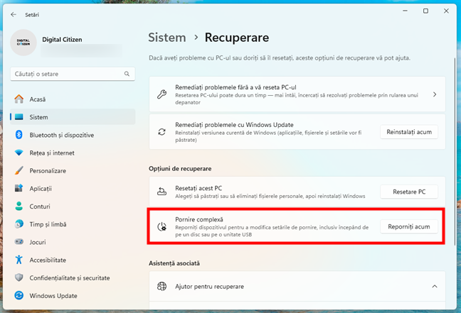 Pornire complexÄ Ã®n Windows 11