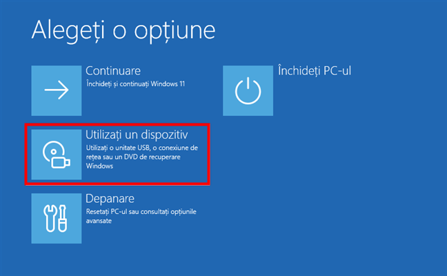 OpÈiunea UtilizaÈi un dispozitiv în mediul de recuperare din Windows 11