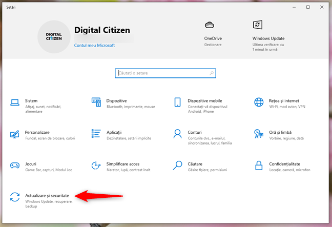 SetÄrile de Actualizare Èi securitate din Windows 10