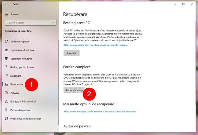 OpÈiunile de pornire complexÄ pentru recuperare din Windows 10