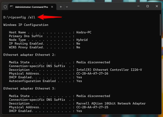 ObÈine informaÈii despre NIC cu ipconfig în CMD