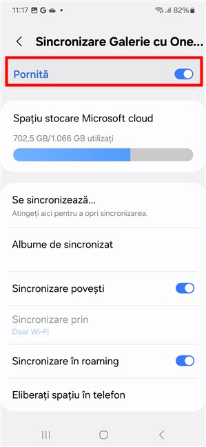 PorneÈte primul comutator din Sincronizare Galerie cu OneDrive