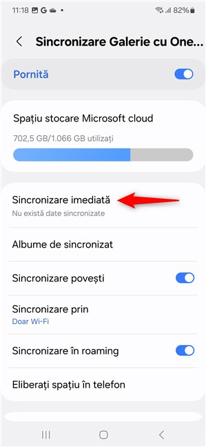 ApasÄ pe Sincronizare imediatÄ pentru a forÈa sincronizarea fotografiilor de pe Samsung cu OneDrive