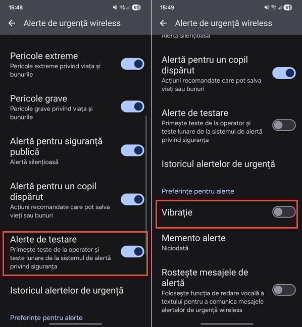 Po&Egrave;i dezactiva Alerte de testare &Egrave;i Vibra&Egrave;ie