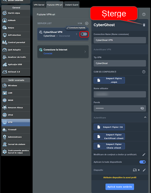 Ãnainte de a Èterge CyberGhost, dezactiveazÄ conexiunea în Fuziune VPN-uri
