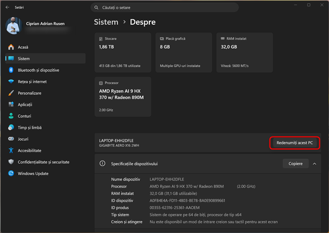 Clic pe Redenumi&Egrave;i acest PC