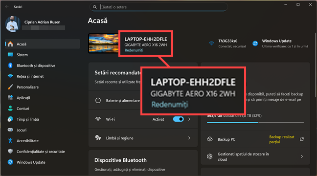 Numele laptopului e afi&Egrave;at &Atilde;&reg;n fila Acas&Auml; din Set&Auml;ri