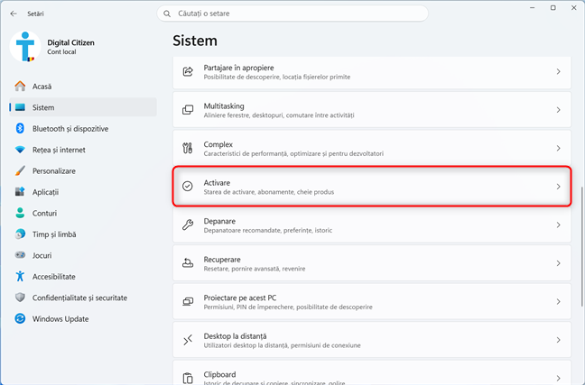 Navigheaz&Auml; la Set&Auml;ri > Sistem > Activare