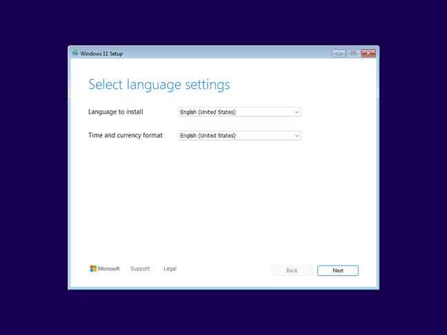 Primul pas al expertului de instalare din Windows 11