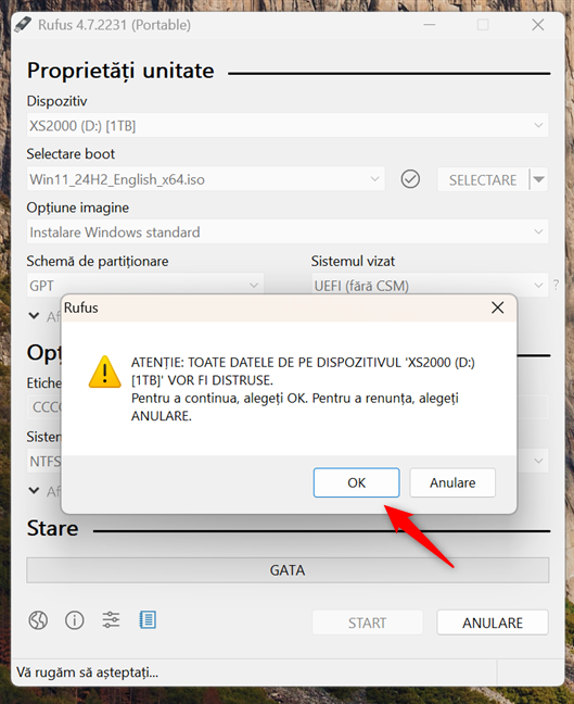 Rufus te avertizeazÄ cÄ datele de pe unitatea USB vor fi distruse
