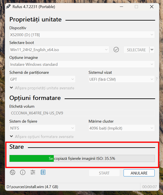 Rufus creeazÄ unitatea USB cu Windows 11