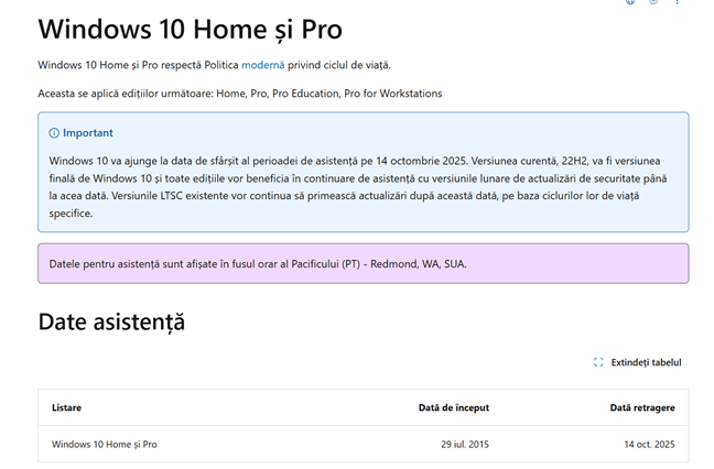 SfârÈitul a perioadei de asistenÈÄ pentru Windows 10