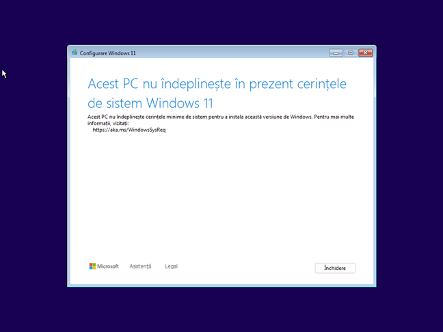 Acest PC nu îndeplineÈte în prezent cerinÈele de sistem Windows 11