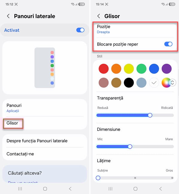 Seteaz&Auml; pozi&Egrave;ia comutatorului pentru Panouri laterale