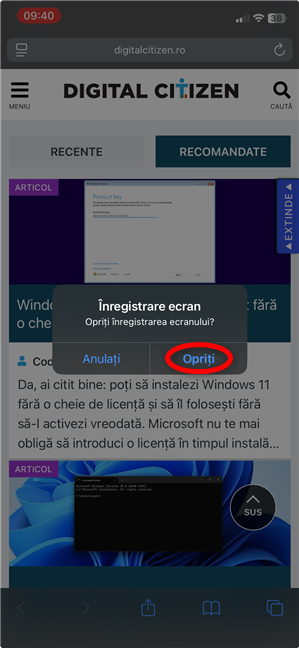 ConfirmÄ oprirea înregistrÄrii ecranului pe iPhone