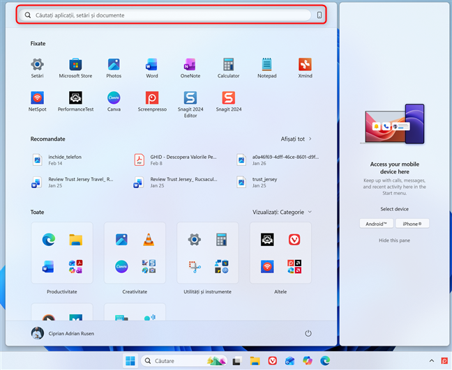 Caseta de C&Auml;utare din Meniul Start