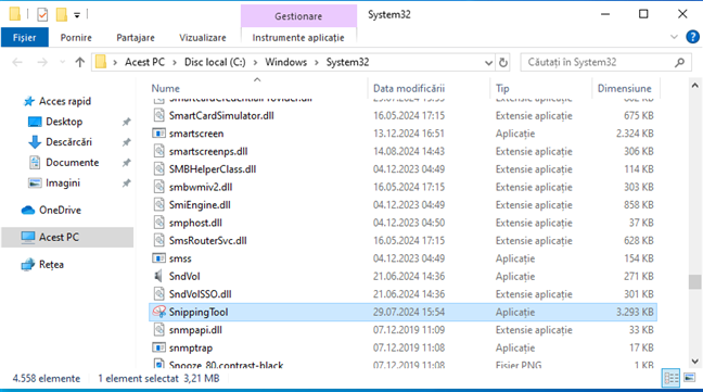 LocaÈia fiÈierului Instrument de decupare în Windows 10