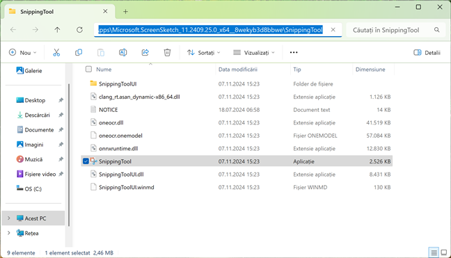 LocaÈia fiÈierului Instrument de decupare în Windows 11