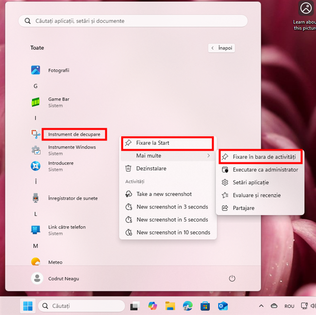 FixeazÄ scurtÄtura Instrument de decupare la Start sau în bara de activitÄÈi din Windows 11