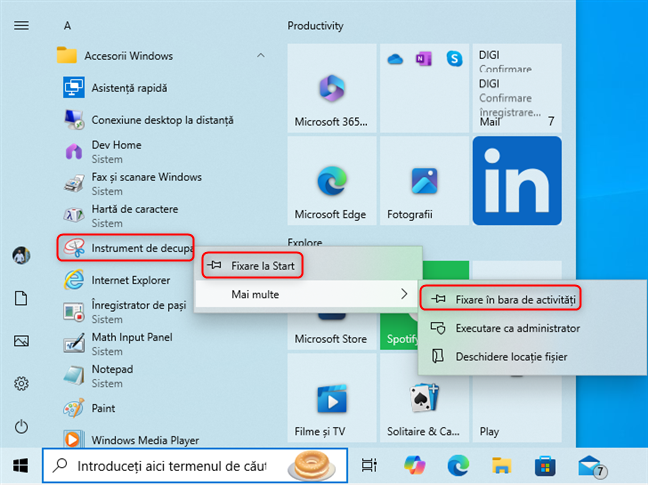 FixeazÄ scurtÄtura Instrument de decupare la Start sau în bara de activitÄÈi din Windows 10