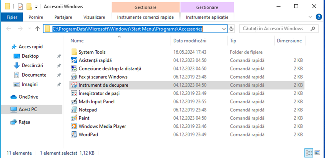 Unde este scurtÄtura pentru Instrument de decupare în Windows 10