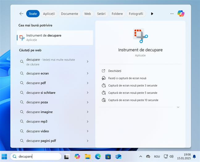 CautÄ Instrument de decupare în Windows 11