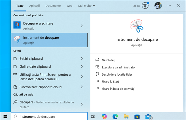 CautÄ Instrument de decupare în Windows 10
