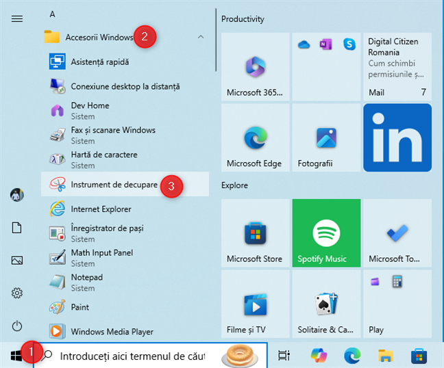 AcceseazÄ scurtÄtura Instrument de decupare din Meniul Start în Windows 10