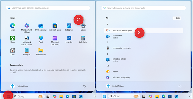 AcceseazÄ scurtÄtura Instrument de decupare din Meniul Start în Windows 11