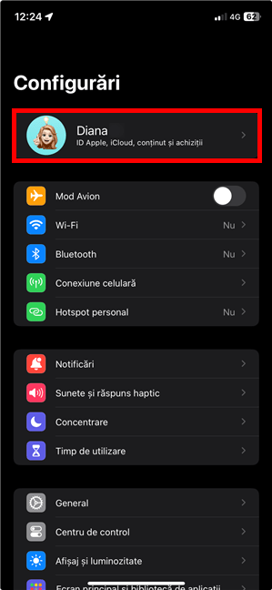 ID-ul Apple de pe pagina de ConfigurÄƒri a unui iPhone