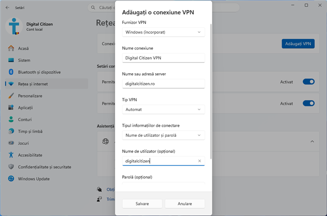 PoÈi adÄuga o conexiune VPN din Windows 11