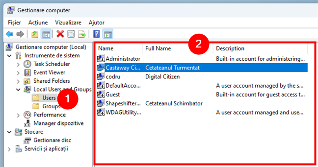 ÃŽn Gestionare computer, acceseazÄƒ Local Users and Groups È™i selecteazÄƒ Users