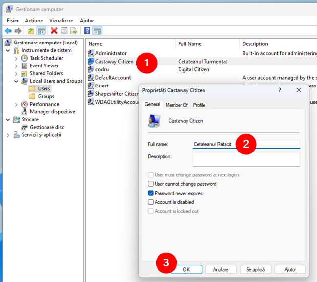 Introdu noul nume pentru contul de utilizator local È™i apasÄƒ pe OK