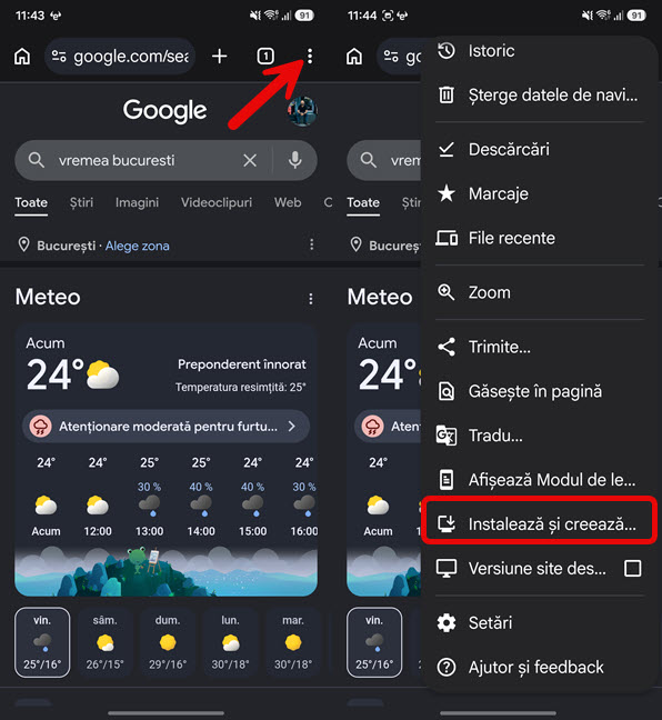 Deschide Meniul din dreapta sus &Egrave;i apas&Auml; pe Instaleaz&Auml; &Egrave;i creeaz&Auml;...
