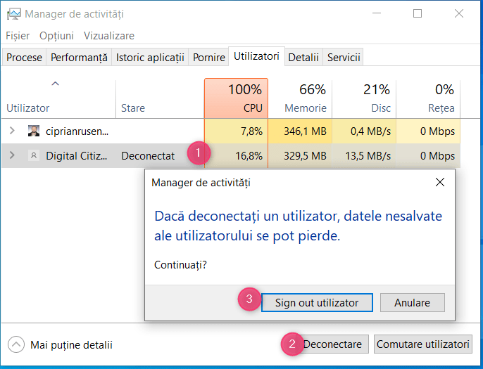 DeconecteazÄƒ alÈ›i utilizatori folosind Managerul de activitÄƒÈ›i