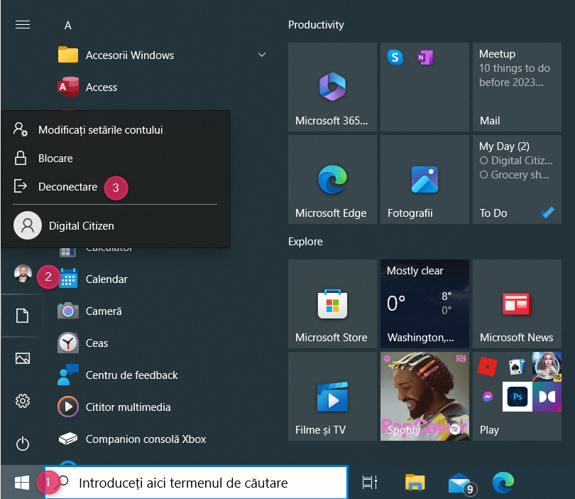 DeconecteazÄƒ-te de la Window 10 folosind Meniul Start