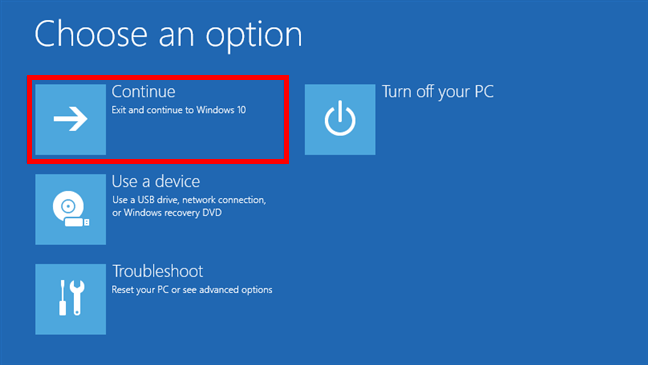 Alege Continue pentru a porni Windows 10 Ã®n Safe Mode