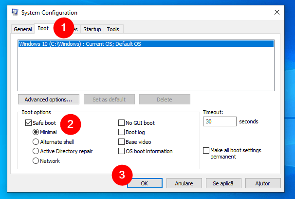 Cum porneÈ™ti Windows 10 Ã®n Safe Mode folosind System Configuration (msconfig)