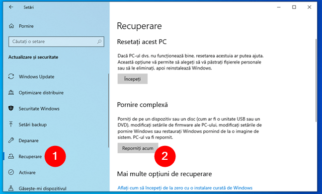 ApasÄƒ pe ReporniÈ›i acum Ã®n secÈ›iunea Pornire complexÄƒ a opÈ›iunilor de Recuperare din Windows 10