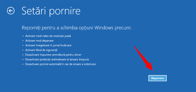 SetÄƒri pornire: Alege Repornire pentru opÈ›iunile Modului de siguranÈ›Äƒ Ã®n Windows 10