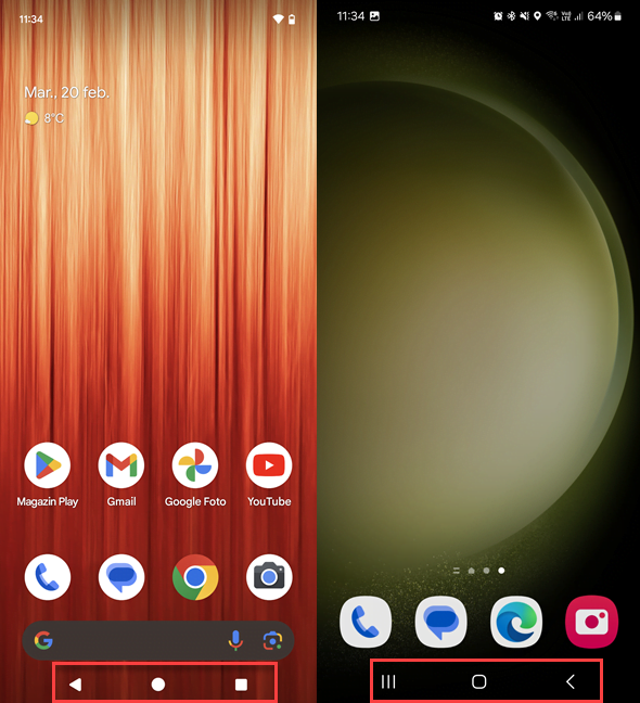 Android cu cele trei butoane din partea de jos a ecranului