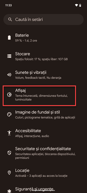 Ãn SetÄrile de pe Android, acceseazÄ AfiÈaj