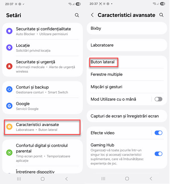 &Atilde;n Set&Auml;ri, apas&Auml; pe Caracteristici avansate > Buton laterla