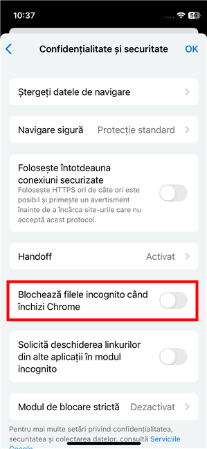 ApasÄƒ pe BlocheazÄƒ filele incognito cÃ¢nd Ã®nchizi Chrome