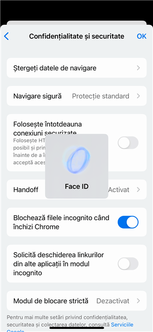 ConfirmÄƒ-È›i identitatea pentru a activa blocarea filelor Incognito pe iPhone