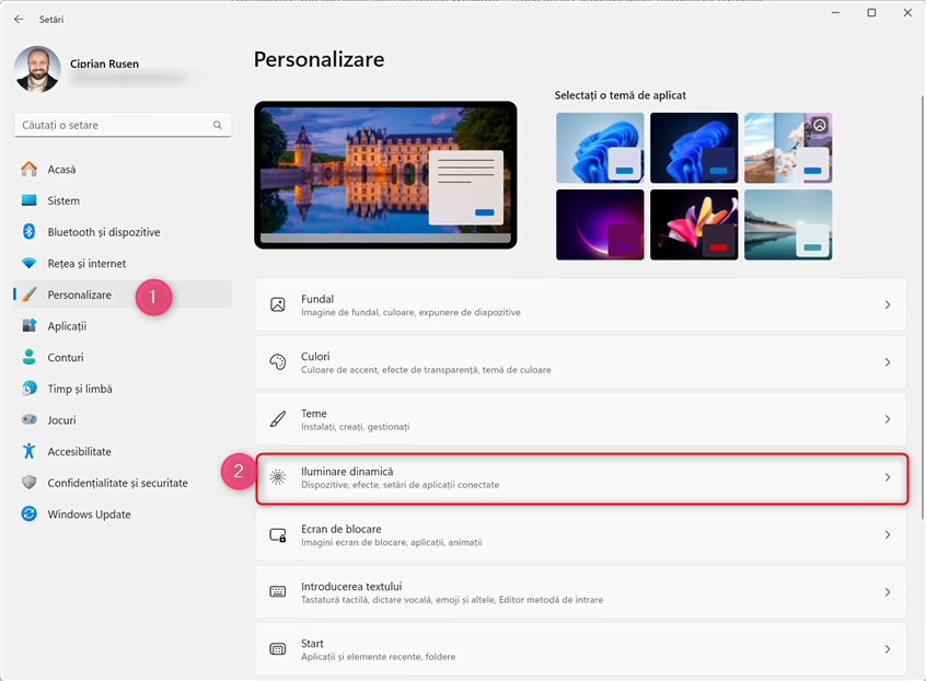 ÃŽn Windows 11, acceseazÄƒ SetÄƒri > Personalizare > Iluminare dinamicÄƒ